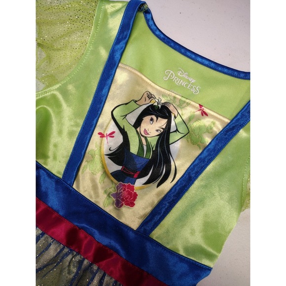 Disney Princess Mulan Nightgown Girls Size XS Green Yellow Glitter Sleep Dress - Picture 2 of 4